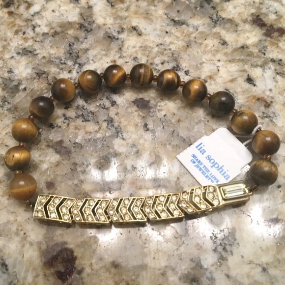 Lia Sophia Jewelry - Lia Sophia Tigers Eye Bracelet Gold Plate & Crystal 7 1/4" Stretch NWT M544